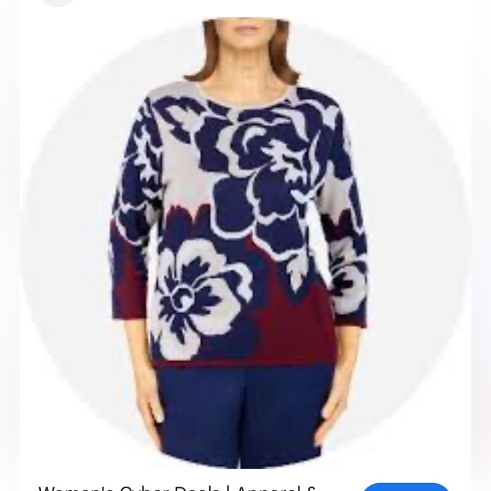 Alfred Dunner Navy, Burgundy & White Floral Crewneck Sweater | Size 1X